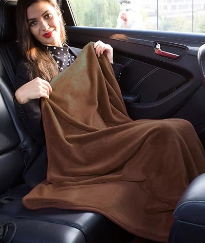 BlueHills Premium Soft Travel Blanket Pillow Airplane Blanket Soft Bag Pillow case with Hand Luggage Belt and Backpack Clip Compact Pack Large Portable Throw Air Plane Flight Travel (Brown T009) - color: Brown-1pk-t009