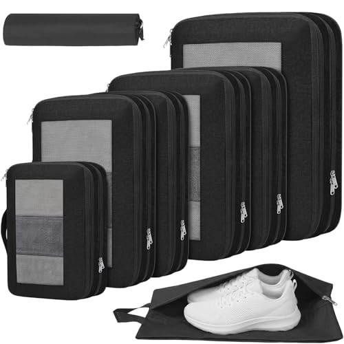 Compression Packing Cubes for Travel, Lightweight Vacation Travel Essentials, Travel Accessories for Suitcase Organizer Bags Set, Durable Luggage Organizer - color: Black, size: 8 set-Square Mesh