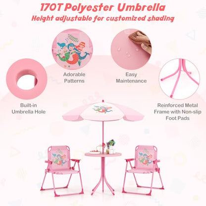 HONEY JOY Kids Picnic Table, Animal Themed Toddler Outdoor Table and Chair Set, 2 Folding Chairs & Removable Umbrella, Children Outdoor Furniture for Backyard Patio Garden (Pink Mermaid) - color: Pink Mermaid
