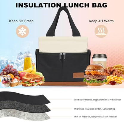 Joymee Large Insulated Lunch Tote Bag for Work Lunch Box Women/Men with Shoulder Strap Reusable Leakproof Large Spacious Lunch Cooler Tote for Women Adult with Bottle Holder and Side Pockets - Black - color: A Black