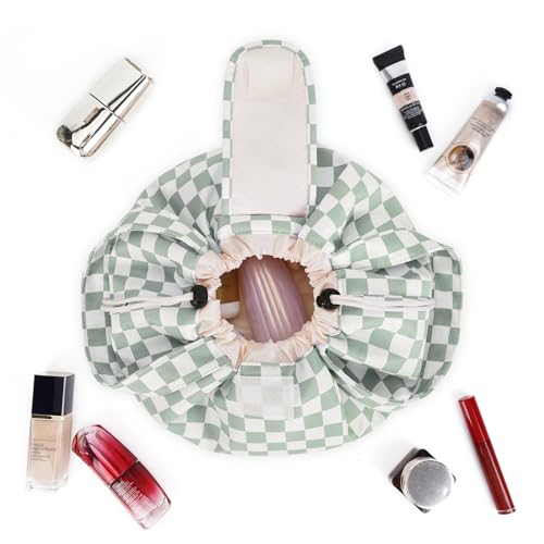 Narwey Lay Flat Open Drawstring Makeup Bag, Large Cosmetic Bag for Women Girls, Cute Make up Bags, Portable Travel Toiletry Bag for Skincare, Brushes & Travel Essentials (Green Checkerboard) - color: Z-Mint Green Checkerboard
