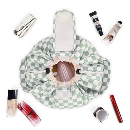 Narwey Lay Flat Open Drawstring Makeup Bag, Large Cosmetic Bag for Women Girls, Cute Make up Bags, Portable Travel Toiletry Bag for Skincare, Brushes & Travel Essentials (Green Checkerboard) - color: Z-Mint Green Checkerboard