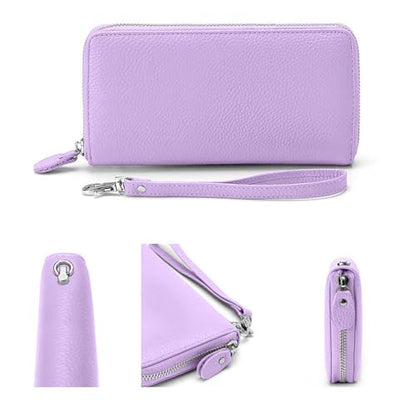 Moflycom Womens Wallet RFID Blocking Genuine Leather Zip Around Wallet Clutch Wristlet Travel Long Purse for Women - color: Light Purple