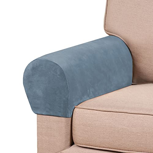 PrinceDeco 2 Pack Thick Velvet Stretch Armrest Covers for Chairs and Sofas - Non Slip, Stone Blue - color: Stone Blue