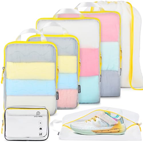 PFEYRPK Lightweight Compression Packing Cubes for Suitcases, Compressible Expandable Travel Packing Organizer with Clear Toiletries and Backpack Bag, Travel Essentials for Carry on Luggage 7 Set - color: Mesh/White, size: 7 Set