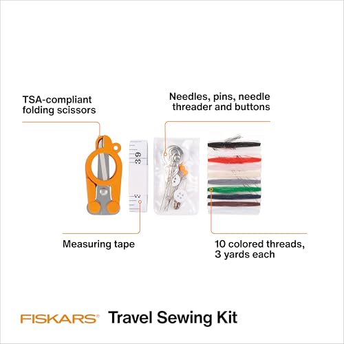 Fiskars Compact Travel Sewing Kit, TSA compliant Folding Scissors, 27-Piece Repair Set for Buttons and Hemming, Threads, Needles, 39” Measuring Tape, Small Size for Purses and Carry on, Orange - size: (Pack of 1)