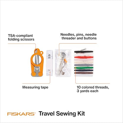 Fiskars Compact Travel Sewing Kit, TSA compliant Folding Scissors, 27-Piece Repair Set for Buttons and Hemming, Threads, Needles, 39” Measuring Tape, Small Size for Purses and Carry on, Orange - size: (Pack of 1)