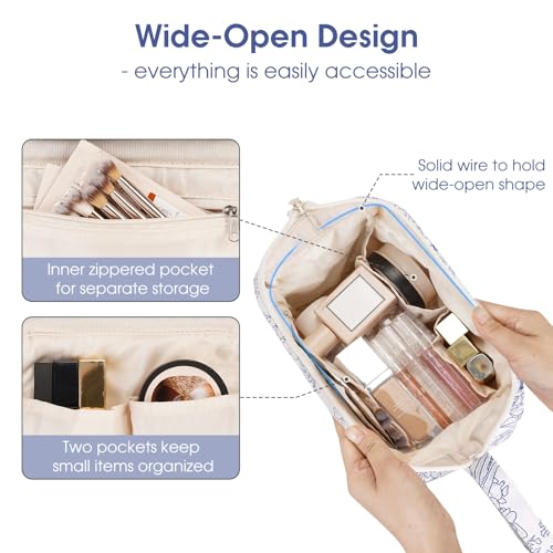 Narwey Women Makeup Bag Wide-open Make up Bag Travel Cosmetic Organizer Toiletry Bag for Cosmetics Toiletries Accessories (Navy Blue Flower) - color: Navy Blue Flower