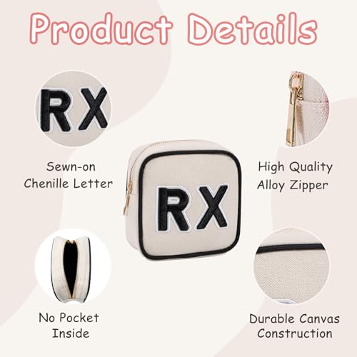 RSRSLEII Small Canvas Rx Medicine Packages, Cute Chenille Letter Patch Drug Makeup Bag with Metal Zipper, Mini Travel First Aid Purse Organizer Machine Washable (01Beige) - color: 01Beige
