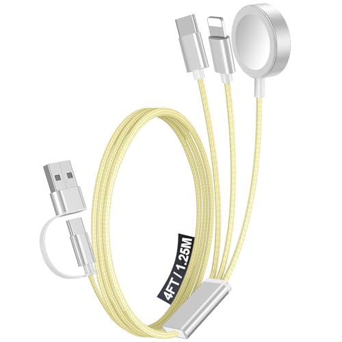 1Pack Multi Charging Cable Cord for Travel Essentials,Apple Watch Charger,iPhone Charger,[3-in-2] Type C/Lightning Cable Portable Designed for iWatch,iPhone 17-8,Galaxy S26-21,AirPods,iPad-4FT Yellow - color: Yellow, size: 1Pack-4FT