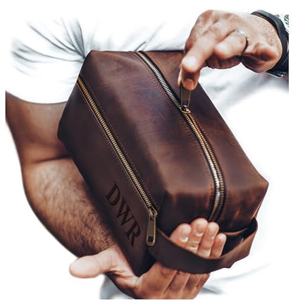 Mens Waterproof Toiletry Bag – Crafted in USA – Ideal Gift for Husband, Dad, Groomsmen, Boyfriend & Friend – Genuine Leather Toiletry Bag Customized Name or Initials – Personalized Travel Bag for Men