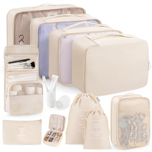 Packing Cubes 11 Set, Suitcase Organizers, Luggage Organizer Bags for Travel, Packing Cubes for Travel, with Toiletry Bag, Travel Essentials,Beige - color: Cream