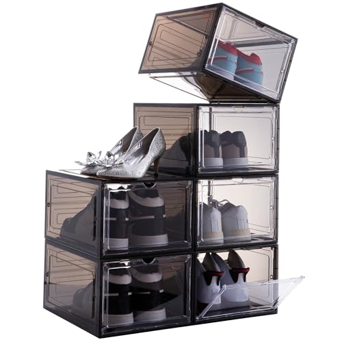Attelite Shoe Box,Set of 6,Stackable Plastic Clear Shoe Box Organizer with Magnetic Door,Shoe Storage Box Thicken Sturdy,Easy Assembly,Fit up to US Size 12,Black - color: Clear Black, size: XL-6-pcs