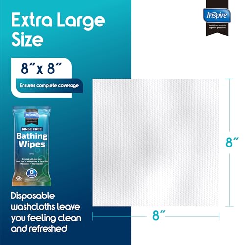Body Wipes for adults bathing rinse free | Adult Wash Cloths Extra Large, Bathing Wipes for Incontinence, 8"x 8" In (48 count) | By Inspire - style: Thick 6 Packs of 8