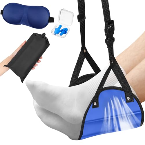 Yerliker Airplane Foot Hammock(Memory Foam) with Earplugs and Eye Mask Travel Necessities Adjustable Airplane Desk Foot Rest for Long Trip Pain and Swelling Relief(Blue) - color: Blue