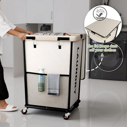 150L Laundry Basket with Wheels, Rolling Laundry Hamper with Cloth Cover, Laundry Cart with Metal Frame & Removable Bag, Large Dirty Clothes Hampers for Bedroom Aesthetic Laundry Room Bathroom, White - color: White, size: 150L