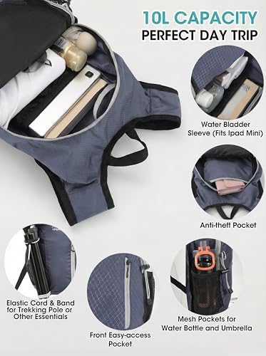 Foldable Small Hiking Backpack with 3 Strap Pockets – Lightweight 300D Spill-proof Daypack for Men Women – Packable Small Travel Backpack with Chest Strap & Trekking Pole Holder – Durable Outdoor Bag - color: Lightgray