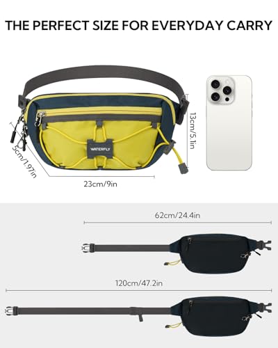 WATERFLY Lightweight Small Fanny Pack: 1.5L Mini Slim Crossbody Waist Belt Hip Bag with RFID Blocking, Anti-Theft & Water Resistant Pouch for Women Men Travel Hiking Running Walking EDC - color: Yellow-Blue