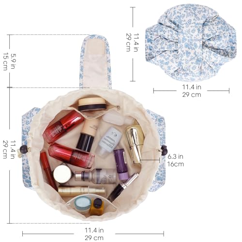 Narwey Lay Flat Open Drawstring Makeup Bag, Large Floral Cosmetic Bag for Women Girls, Cute Make up Bags with Handle, Travel Toiletry Bag for Skincare, Brushes & Travel Essentials (Blue Flower) - color: Y-Blue Flower