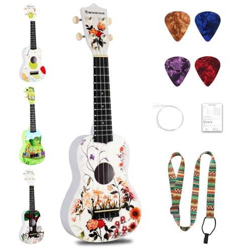 RANMING Ukulele 21 inch ukelele 4-String Ukulele Starter Kit with Strap, Picks,Carbon Strings Portable Plastic uku for Music Education Outdoor Travel Holiday Gifts Flower - color: white
