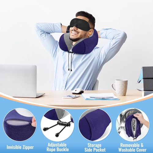 CloudBliss Travel Pillow for Airplane, Memory Foam Neck Pillow for Traveling, Flight Pillow with Eye Mask, Earplugs, Storage Bag, Compact Neck Pillow for Long Flight Travel, Travel Essentials, Navy - color: Navy