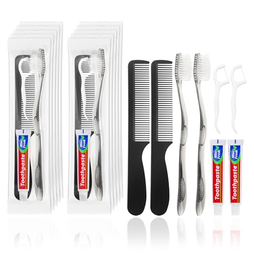 Travel Toothbrushes with Toothpaste, Disposable Toothbrushes, Hygiene Kits in Bulk with Floss Picks, Combs, Individually Packaged, Suitable for Home, Travel, and Hotels (15-Pack)