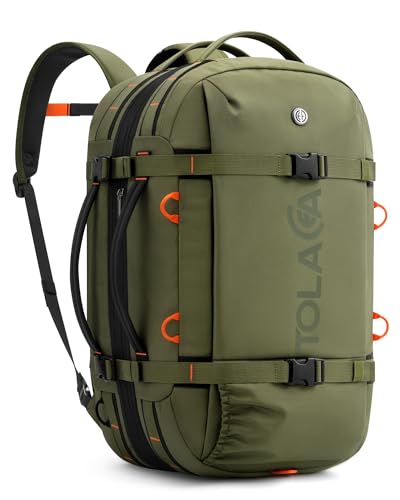 Tolaccea Travel Laptop Backpack for Men Women, 40L-50L Expandable Carry On Backpack with Wet Dry Compartment, TSA Approved Daypack Fits 16 Inch Laptop, Convertible Rucksack Duffel Bag for Work Travel - color: Army Green