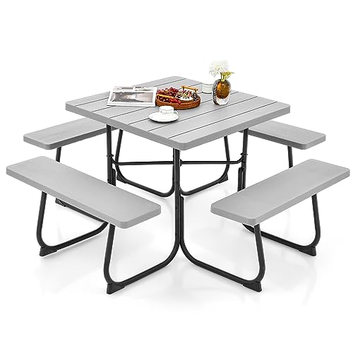 Giantex Picnic Table Bench Set for 8 Persons, Square Outdoor Table with Umbrella Hole, HDPE Top & Metal Frame, 2000LBS Capacity, Patio Table Bench Set for Deck Backyard Garden, Gray - color: Grey, size: Square-35"x35"x30"