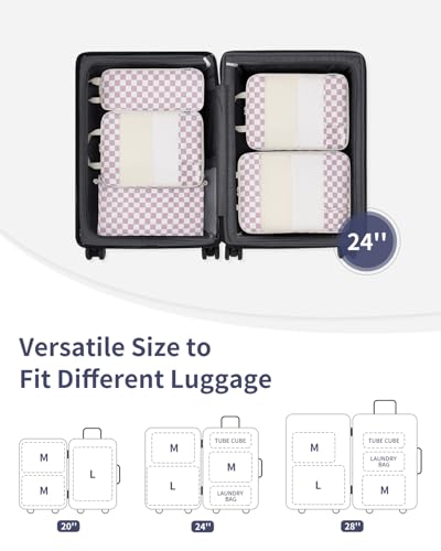 Narwey 6 Set Compression Packing Cubes for Travel Women Men, Travel Cubes for Carry On Suitcase, Durable Compression Luggage Organizer Bags - color: ZZ-Dusty Pink Checkerboard