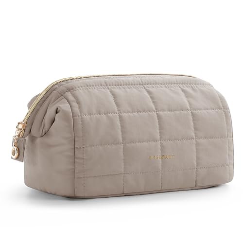 BAGSMART Makeup Bag Travel Toiletry Bag, Puffy Padded Make Up Bags for Women Makeup Organizer Case, Wide-open Pouch Purse Travel Essentials Toiletries Accessories Brushes, Camel - color: 09-Greige
