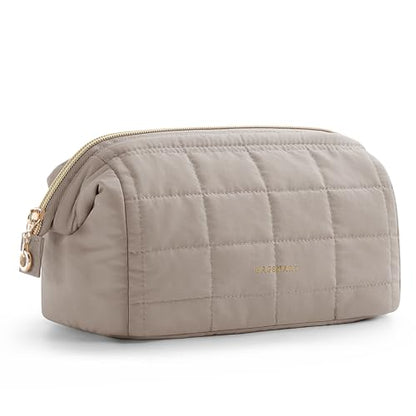 BAGSMART Makeup Bag Travel Toiletry Bag, Puffy Padded Make Up Bags for Women Makeup Organizer Case, Wide-open Pouch Purse Travel Essentials Toiletries Accessories Brushes, Camel - color: 09-Greige