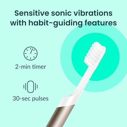 Quip Metal Sonic Electric Toothbrush for Adults - Time Travel & Soft Bristles with Travel Case & Replacement Brush Head - 3 Month Battery Life, Dawn Peach Gold - color: Dawn Peach Gold