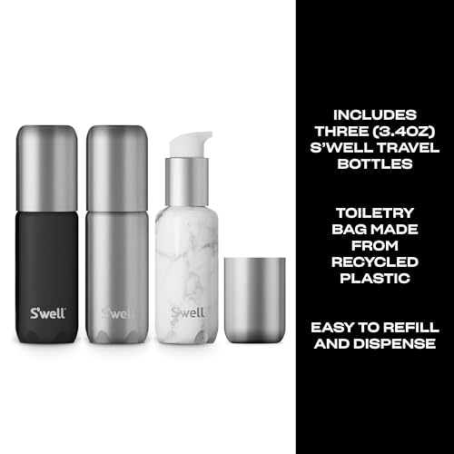 S'well 3.4oz Travel Bottle Set, Includes 3 Lightweight and Recyclable Aluminum Bottles, Leakproof Pumps For Shampoo, Conditioner, Body Wash, Lotions, Sanitizers, and More, TSA Carry On Approved