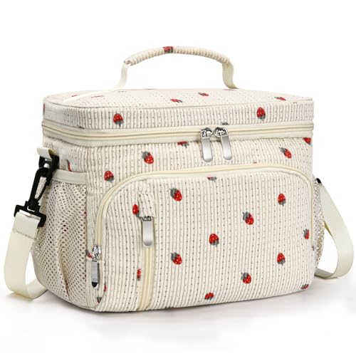 Insulated Lunch Bag for Men & Women, 9L Leakproof Lunch Box Soft Cooler Tote with 5 Pockets, 600D Oxford, EVA Lining, Adjustable Strap for Work, Picnic, Beach&Travel-Corduroy Strawberry - color: Corduroy Strawberry, size: Single