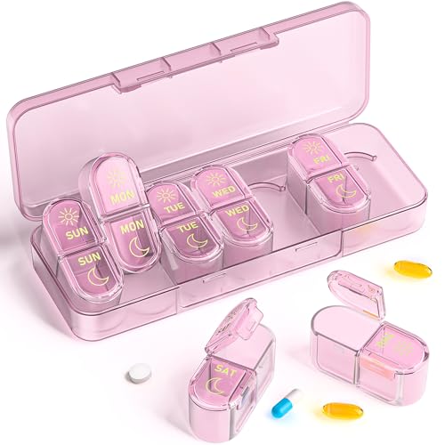Pillex Pill Organizer 2 Times a Day, AM PM Pill Organizer 7 Day, Weekly Pill Box 2 Twice a Day, Travel Pill Case 7 Days, Medicine Organizer for Medication, Vitamins, Fish Oils, Supplements - color: Pink Purple
