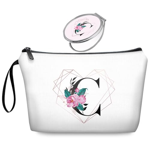 Initial C Bride Gifts for Women – Personalized Letter C Travel Makeup Bag Set with Mirror, Monogram C Cosmetic Pouch for Bridesmaid Maid of Honor Wedding Bridal Shower - color: Diamond-like Ietter C Floral-white-2S