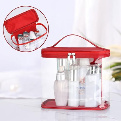HAOGUAGUA Heavy Duty Leak Proof Clear Travel Bags for Toiletries, Transparent Makeup Cosmetic Bag with Zipper and Handle (1PCS RED, Large) - color: 1PCS RED