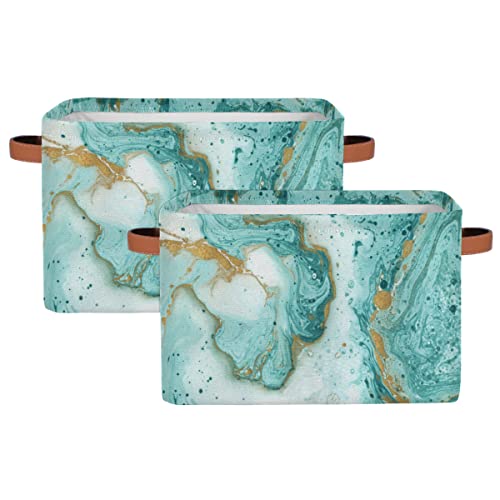 2Pack Turquoise Marble Texture Large Collapsible Storage Bins,Teal Marble Decorative Canvas Fabric Storage Boxes Organizer with Handles,Rectangular Shelves Baskets Box for Home Office Nursery Closet - color: Turquoise Marble Texture
