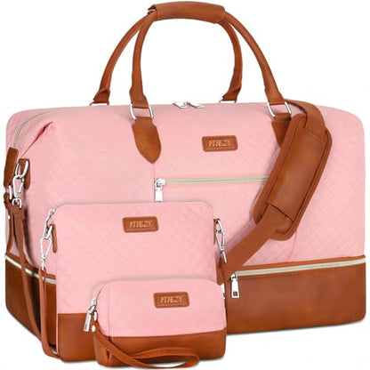 ITIEZY Weekender Overnight Bag for Women - Large Travel Duffel Bag with Shoe Compartment, Gym Duffel Bag Hospital Bag Carry On Tote Bags for Airplanes with Crossbody Bag Toiletry Bag 3Pcs Set - color: 3-Pink