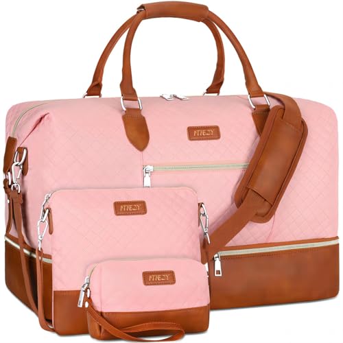 ITIEZY Weekender Overnight Bag for Women - Large Travel Duffel Bag with Shoe Compartment, Gym Duffel Bag Hospital Bag Carry On Tote Bags for Airplanes with Crossbody Bag Toiletry Bag 3Pcs Set - color: 3-Pink