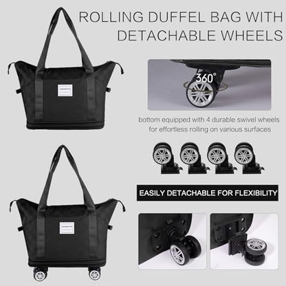 Expandable Rolling Duffle Bag - Large Carry-On With Spinner Wheels, Foldable Weekend Travel Bag, 28-58L Capacity（Backpack-Black Checkboard） - color: Backpack-Black Checkboard, style: Backpack