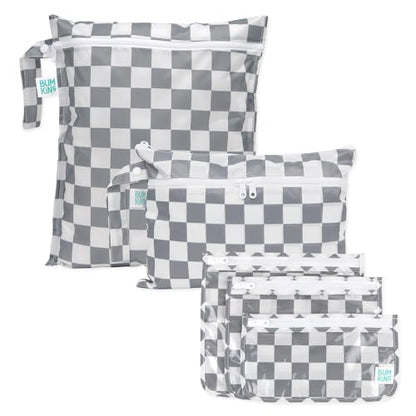 Bumkins - Waterproof Wet Bag, Wet/Dry Clutch & Clear Travel Bags - For Beach, Baby, Travel, Cloth Diapers, Pump Parts, Pool, Gym, Toiletries - Reusable & Easy to Clean - Gray Check - 5 Pack - color: A4 Charcoal Check 5pc