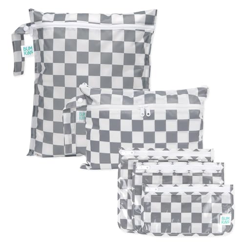 Bumkins - Waterproof Wet Bag, Wet/Dry Clutch & Clear Travel Bags - For Beach, Baby, Travel, Cloth Diapers, Pump Parts, Pool, Gym, Toiletries - Reusable & Easy to Clean - Gray Check - 5 Pack - color: A4 Charcoal Check 5pc