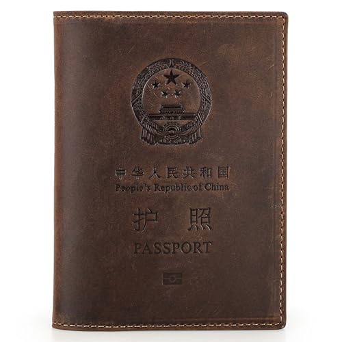 Top Grain Leather Single Travel Passport Wallet Embossing Badge for Unisex, Folio Design for Passport & Multi Cards, RFID Blocking for Passport/Cards/Checks/Bills/AirTag, Coffee Default, CN - color: 【CN】China Cover-Default Coffee, size: Badge Embossed Cov