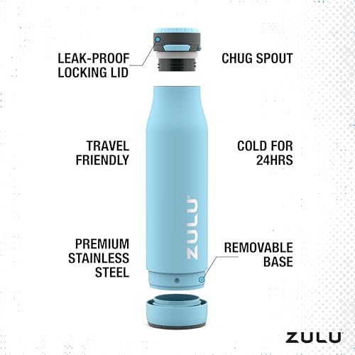 Zulu Ace 24oz Vacuum Insulated Stainless Steel Water Bottle with Chug Spout | Leak-Proof Locking Lid and Removable Base |Reusable Bottle for Cycling Sports Gym Travel Bicycle Bottle Cage | Ice Blue - color: Ice Blue