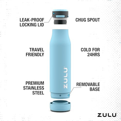 Zulu Ace 24oz Vacuum Insulated Stainless Steel Water Bottle with Chug Spout | Leak-Proof Locking Lid and Removable Base |Reusable Bottle for Cycling Sports Gym Travel Bicycle Bottle Cage | Ice Blue - color: Ice Blue