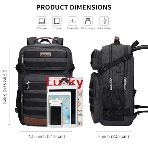 WITZMAN Canvas Travel Backpack for Men Multiple Pockets Fit 16 inch Laptop Backpack Carry-on Airline Approved(A8025 Black) - color: Black