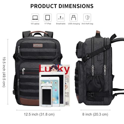 WITZMAN Canvas Travel Backpack for Men Multiple Pockets Fit 16 inch Laptop Backpack Carry-on Airline Approved(A8025 Black) - color: Black