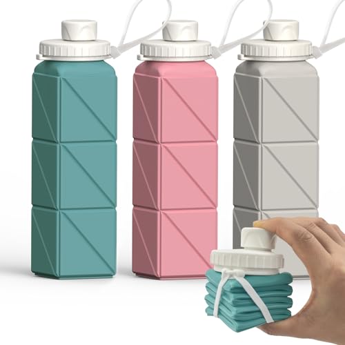BEAUTAIL Collapsible Water Bottles 20.6oz, Silicone Foldable Portable Travel Water Bottle, Lightweight Reusable Leakproof for Traveling Camping Hiking Cycling Yoga Sports Outdoor - color: Blue+Pink+Starlight
