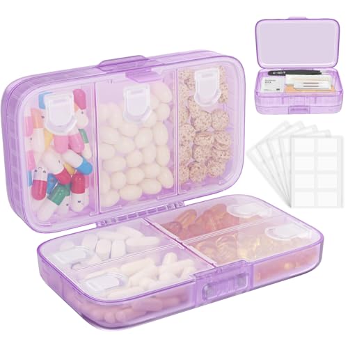 FYY Weekly Pill Organizer with Labels,8 Compartments Travel Daily Pill Case Airtight Moistureproof Large Pill Box to Hold Vitamins, Fish Oil, Supplements,Cotton Swab and Bandages-Purple - color: Purple